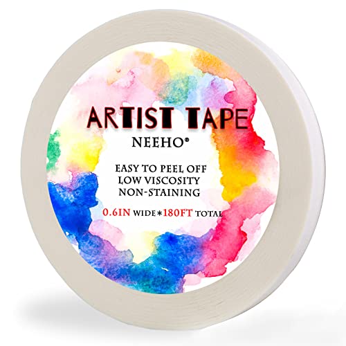 Neeho Artist Tape for Drafting Art, Acid-Free White Masking Tape for Watercolor Painting Canvas Framing, 0.6inch Wide 180FT Long