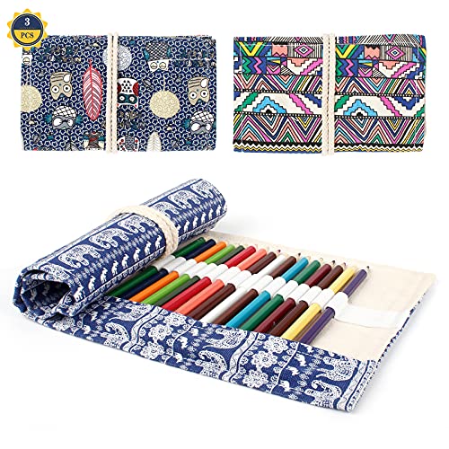 3 PCS Canvas Pencil Wrap 36 Holes Pencil Roll Wrap Canvas Pencil Wrap Case Drawing Coloring Pencil Roll Up Case for School Office Drawing