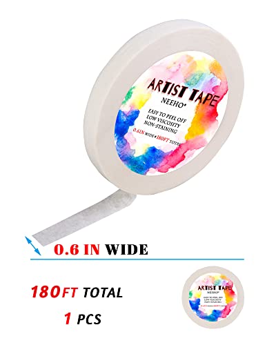 Neeho Artist Tape for Drafting Art, Acid-Free White Masking Tape for Watercolor Painting Canvas Framing, 0.6inch Wide 180FT Long