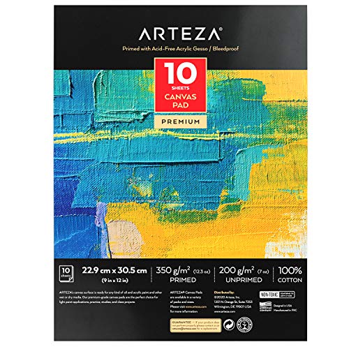 Arteza 9x12” Canvas Pad, 10 Sheets, 100% Cotton, Primed with Acid-Free Gesso, Glue-Bound Pad of Canvas Paper for Acrylic Painting or Oil Paint, Art Supplies for Painting and Mixed Media, White