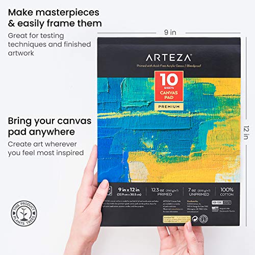 Arteza 9x12” Canvas Pad, 10 Sheets, 100% Cotton, Primed with Acid-Free Gesso, Glue-Bound Pad of Canvas Paper for Acrylic Painting or Oil Paint, Art Supplies for Painting and Mixed Media, White