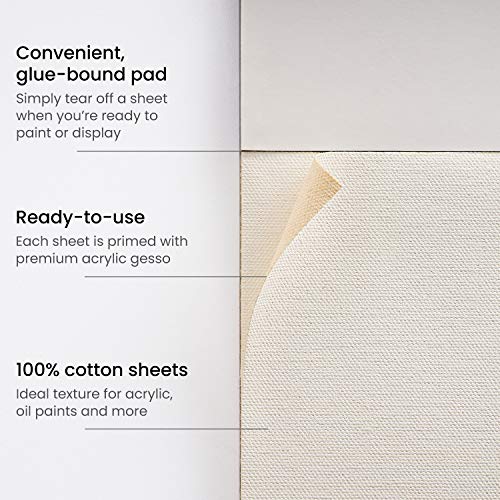 Arteza 9x12” Canvas Pad, 10 Sheets, 100% Cotton, Primed with Acid-Free Gesso, Glue-Bound Pad of Canvas Paper for Acrylic Painting or Oil Paint, Art Supplies for Painting and Mixed Media, White