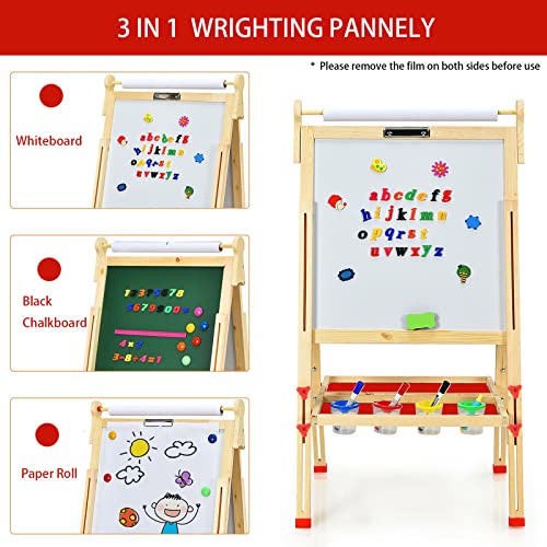 EAQ Easel for Kid,Height Adjustable Wooden Art Easel,Whiteboard Chalkboard with Paper Roll Holder,Letters and Numbers Magnets and Other Accessories Best Birthday Gift for Kids
