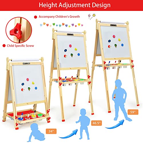 EAQ Easel for Kid,Height Adjustable Wooden Art Easel,Whiteboard Chalkboard with Paper Roll Holder,Letters and Numbers Magnets and Other Accessories Best Birthday Gift for Kids