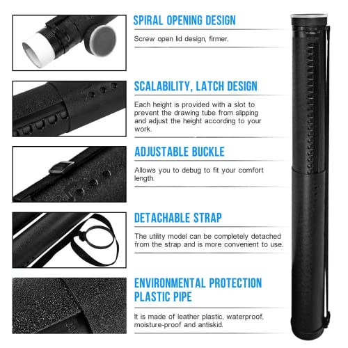 Document Storage Poster Tube Plastic Waterproof Telescoping Adjustable Teletube Expandable 63cm to 107cm with Carrying Strap, Storage for Artworks, Drawing, Flip Chart (Black)