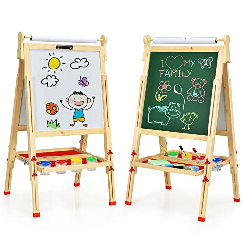 EAQ Easel for Kid,Height Adjustable Wooden Art Easel,Whiteboard Chalkboard with Paper Roll Holder,Letters and Numbers Magnets and Other Accessories Best Birthday Gift for Kids