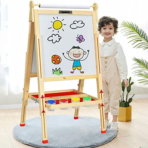 EAQ Easel for Kid,Height Adjustable Wooden Art Easel,Whiteboard Chalkboard with Paper Roll Holder,Letters and Numbers Magnets and Other Accessories Best Birthday Gift for Kids