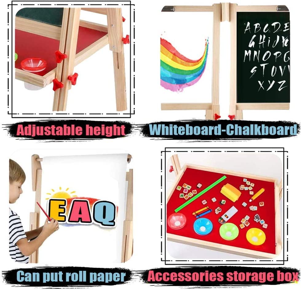 EAQ Easel for Kid,Height Adjustable Wooden Art Easel,Whiteboard Chalkboard with Paper Roll Holder,Letters and Numbers Magnets and Other Accessories Best Birthday Gift for Kids