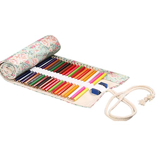 NUOBESTY Floral Canvas Pencil Wrap 24 Holes Travel Pen Bag Colouring Pencil Roll Up Case Pen Storage Pouch Organizer for School Office Art Craft