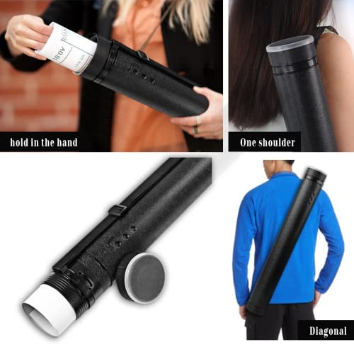 Document Storage Poster Tube Plastic Waterproof Telescoping Adjustable Teletube Expandable 63cm to 107cm with Carrying Strap, Storage for Artworks, Drawing, Flip Chart (Black)