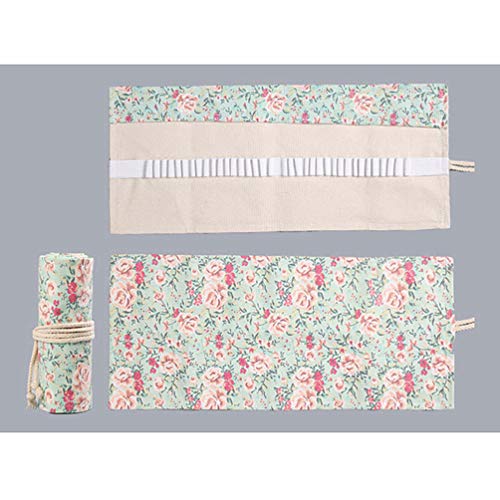 NUOBESTY Floral Canvas Pencil Wrap 24 Holes Travel Pen Bag Colouring Pencil Roll Up Case Pen Storage Pouch Organizer for School Office Art Craft