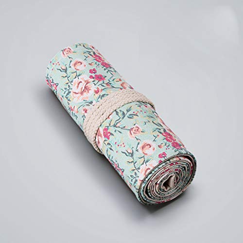 NUOBESTY Floral Canvas Pencil Wrap 24 Holes Travel Pen Bag Colouring Pencil Roll Up Case Pen Storage Pouch Organizer for School Office Art Craft