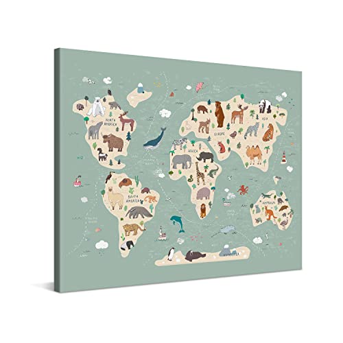 World Map Cute Animals 90x60cm - High Quality Canvas Art Print - Stretched Picture on Wood Frame as Gallery Artwork - World Map Collection