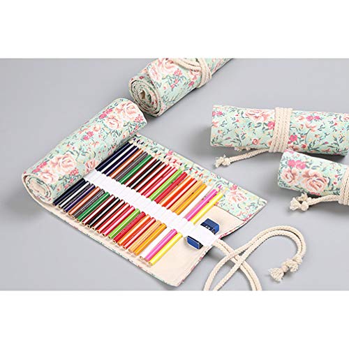 NUOBESTY Floral Canvas Pencil Wrap 24 Holes Travel Pen Bag Colouring Pencil Roll Up Case Pen Storage Pouch Organizer for School Office Art Craft