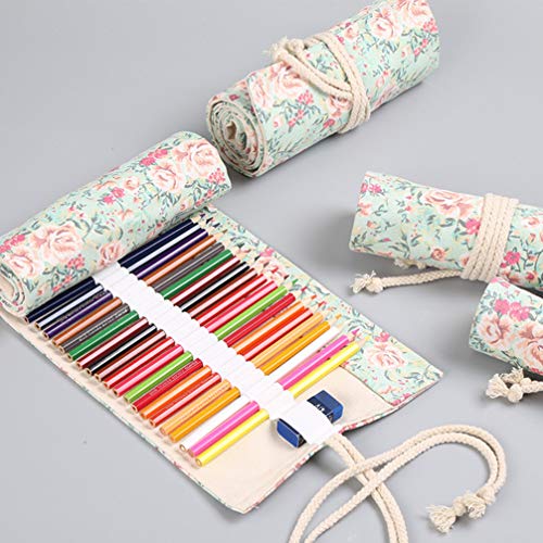 NUOBESTY Floral Canvas Pencil Wrap 24 Holes Travel Pen Bag Colouring Pencil Roll Up Case Pen Storage Pouch Organizer for School Office Art Craft
