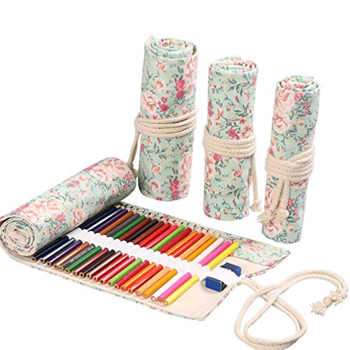 NUOBESTY Floral Canvas Pencil Wrap 24 Holes Travel Pen Bag Colouring Pencil Roll Up Case Pen Storage Pouch Organizer for School Office Art Craft