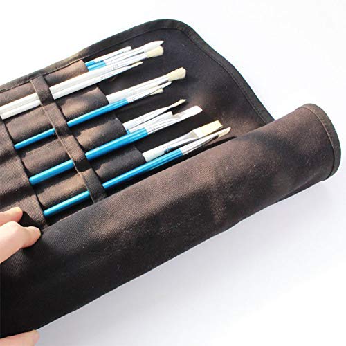 Canvas Brush Roll-Up Bag Pockets Artist Paint Brush Roll Up Bag Holder Canvas Pouch Case Paint Brushes Case Artist Paint Brush Holder Organizers for Draw Pen Watercolor Oil Brushes (Black)