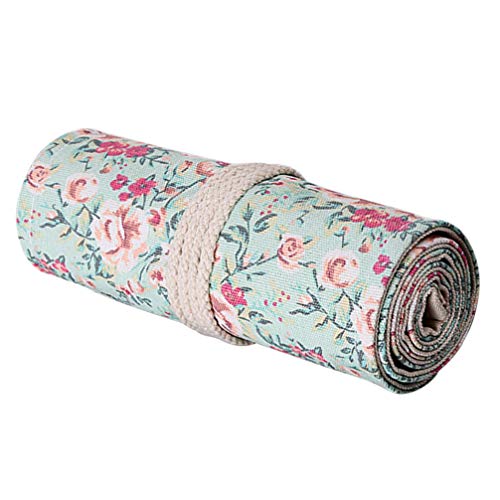NUOBESTY Floral Canvas Pencil Wrap 24 Holes Travel Pen Bag Colouring Pencil Roll Up Case Pen Storage Pouch Organizer for School Office Art Craft