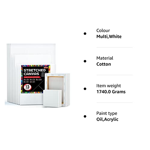 Shuttle Art Canvas for Painting, 15 Multi Pack Stretched Blank Canvas Boards, 4x4, 5x7, 8x10, 9x12, 11x14 Inches (3 of Each), Primed White Painting Canvas, Canvases for Acrylic, Oil Painting
