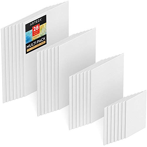 Arteza Painting Canvas Board, Multipack of 28, 12.7 x 17.8, 20.3 x 25.4, 22.9 x 30.5, 27.9 x 35.6 cm, 12.3 oz Primed, 100% Cotton, Recycled Panel Core, White - Premium