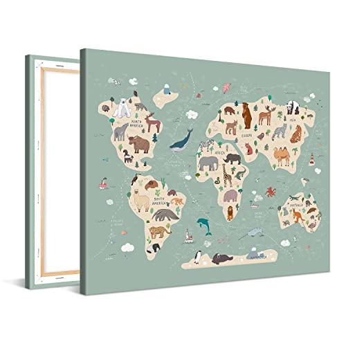 World Map Cute Animals 90x60cm - High Quality Canvas Art Print - Stretched Picture on Wood Frame as Gallery Artwork - World Map Collection