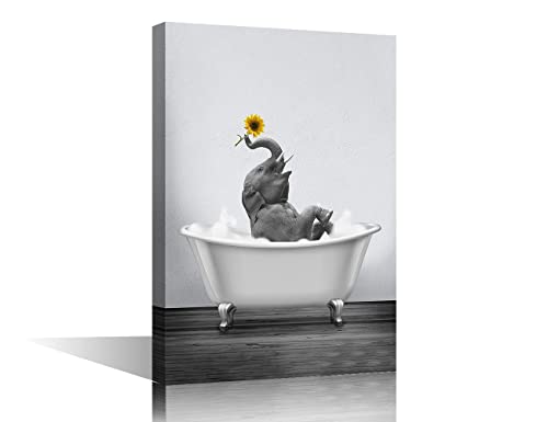 Black and White Canvas Wall Art Funny Animal for Bathroom Kitchen Bedroom Elephant with Yellow Sunflower in Bathtub Giclee Print Picture Painting Stretched on Canvas Framed Artwork 12x18inch
