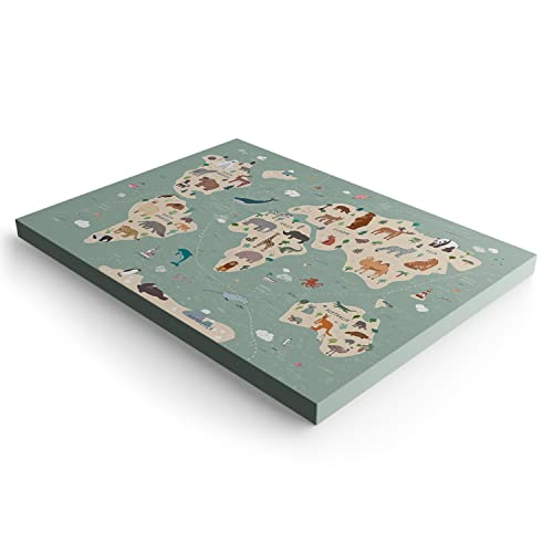 World Map Cute Animals 90x60cm - High Quality Canvas Art Print - Stretched Picture on Wood Frame as Gallery Artwork - World Map Collection