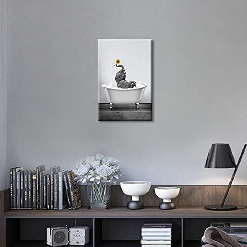 Black and White Canvas Wall Art Funny Animal for Bathroom Kitchen Bedroom Elephant with Yellow Sunflower in Bathtub Giclee Print Picture Painting Stretched on Canvas Framed Artwork 12x18inch