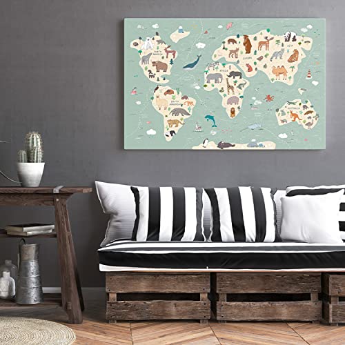 World Map Cute Animals 90x60cm - High Quality Canvas Art Print - Stretched Picture on Wood Frame as Gallery Artwork - World Map Collection