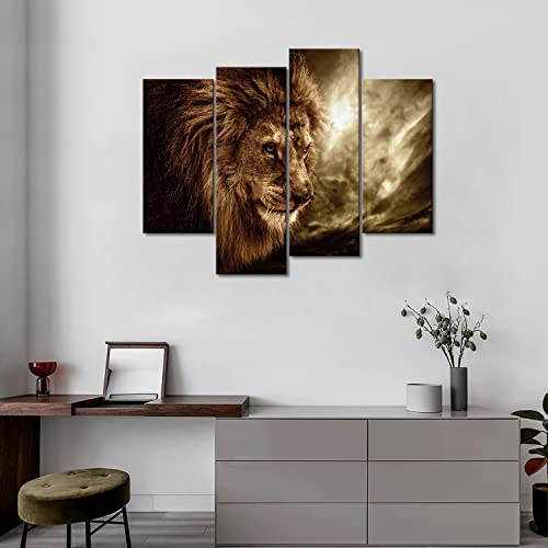 4 Panel Wall Art Brown Fierce Lion Against Stormy Sky Painting The Picture Print On Canvas Animal Pictures For Home Decor Decoration Gift Piece Stretched By Wooden Frame Ready To Hang