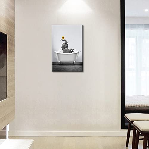 Black and White Canvas Wall Art Funny Animal for Bathroom Kitchen Bedroom Elephant with Yellow Sunflower in Bathtub Giclee Print Picture Painting Stretched on Canvas Framed Artwork 12x18inch