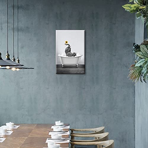 Black and White Canvas Wall Art Funny Animal for Bathroom Kitchen Bedroom Elephant with Yellow Sunflower in Bathtub Giclee Print Picture Painting Stretched on Canvas Framed Artwork 12x18inch