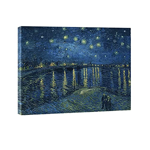 Wieco Art Starry Night Over The Rhone by Van Gogh Classical Oil Paintings Reproduction Large Modern Stretched and Framed Canvas Print Wall Art Seascape Pictures Giclee Artwork for Home Office Decor