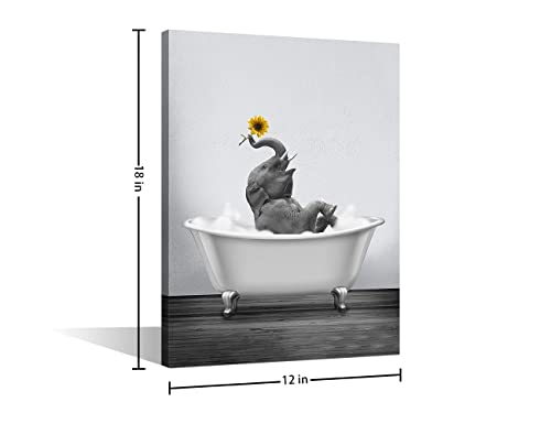 Black and White Canvas Wall Art Funny Animal for Bathroom Kitchen Bedroom Elephant with Yellow Sunflower in Bathtub Giclee Print Picture Painting Stretched on Canvas Framed Artwork 12x18inch
