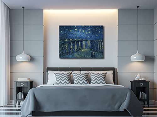 Wieco Art Starry Night Over The Rhone by Van Gogh Classical Oil Paintings Reproduction Large Modern Stretched and Framed Canvas Print Wall Art Seascape Pictures Giclee Artwork for Home Office Decor