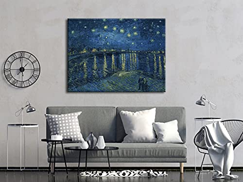 Wieco Art Starry Night Over The Rhone by Van Gogh Classical Oil Paintings Reproduction Large Modern Stretched and Framed Canvas Print Wall Art Seascape Pictures Giclee Artwork for Home Office Decor