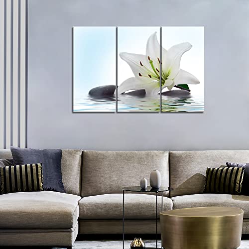 3 Panel Wall Art White Madonna Lily And Stone In Water Painting The Picture Print On Canvas Flower Pictures For Home Decor Decoration Gift Piece Stretched By Wooden Frame Ready To Hang
