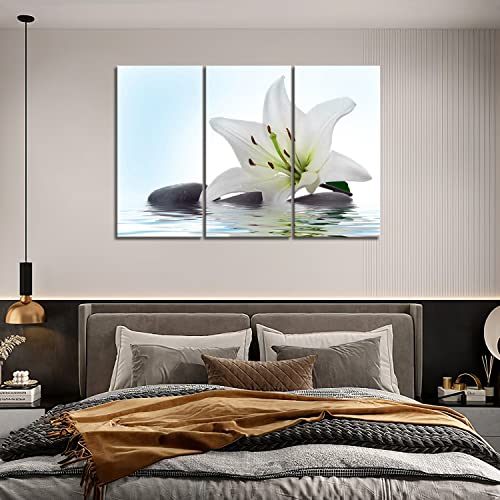 3 Panel Wall Art White Madonna Lily And Stone In Water Painting The Picture Print On Canvas Flower Pictures For Home Decor Decoration Gift Piece Stretched By Wooden Frame Ready To Hang