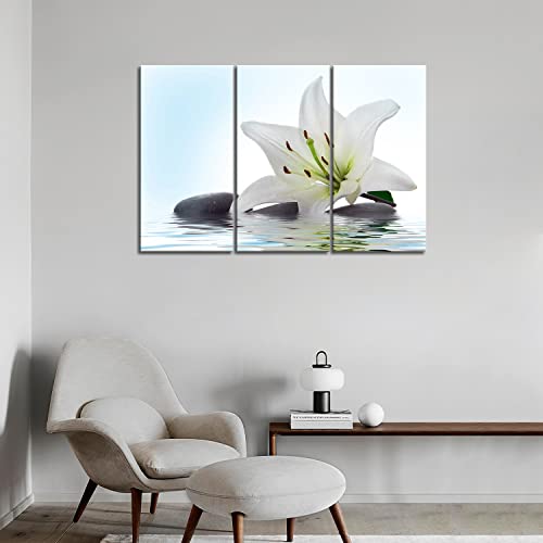 3 Panel Wall Art White Madonna Lily And Stone In Water Painting The Picture Print On Canvas Flower Pictures For Home Decor Decoration Gift Piece Stretched By Wooden Frame Ready To Hang