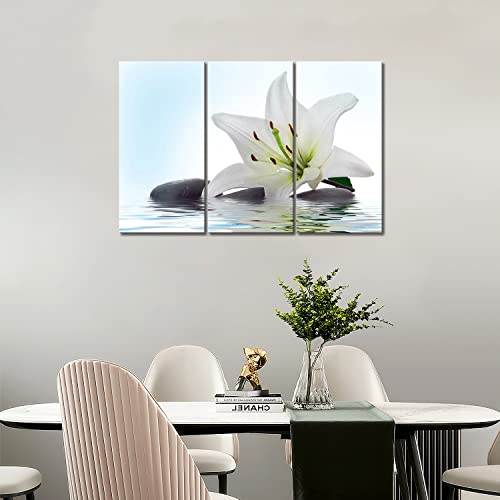 3 Panel Wall Art White Madonna Lily And Stone In Water Painting The Picture Print On Canvas Flower Pictures For Home Decor Decoration Gift Piece Stretched By Wooden Frame Ready To Hang