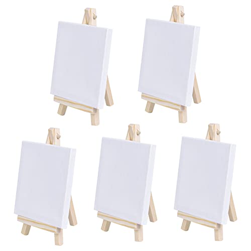 5Pack Mini Easel with Art Canvas, Canvas Art Boards Pre-Stretched and Primed Blank Canvas,Table Top Wooden Easel for Craft Oil Acrylic Painting & Drawing Artist (L10 x W10cm (3.93 x 3.93 inches)