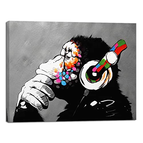 Wieco Art Monkey With Headphones Banksy DJ Chimp Pop Art Cool Ape Abstract Canvas Prints Wall Art Paintings for Living Room Bedroom Home Decorations Stretched Artwork for Office Decor