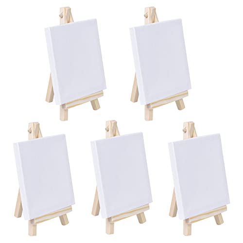 5Pack Mini Easel with Art Canvas, Canvas Art Boards Pre-Stretched and Primed Blank Canvas,Table Top Wooden Easel for Craft Oil Acrylic Painting & Drawing Artist (L10 x W10cm (3.93 x 3.93 inches)