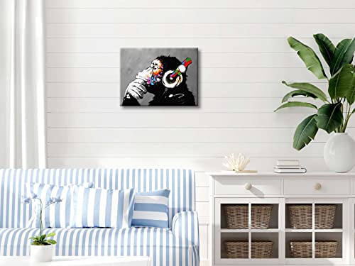Wieco Art Monkey With Headphones Banksy DJ Chimp Pop Art Cool Ape Abstract Canvas Prints Wall Art Paintings for Living Room Bedroom Home Decorations Stretched Artwork for Office Decor