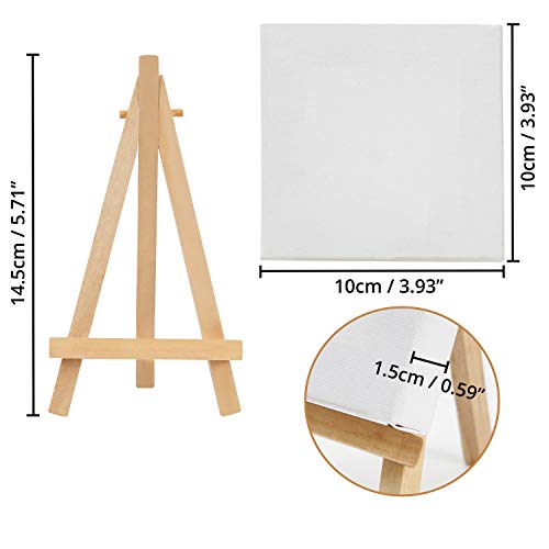 Belle Vous Mini Easel with Art Canvas (10 Pack) - L10 x W10cm (3.93 x 3.93 inches) - Pre-Stretched and Primed Blank Canvas - Table Top Wooden Easel for Oil and Acrylic Painting & Drawing for Kids