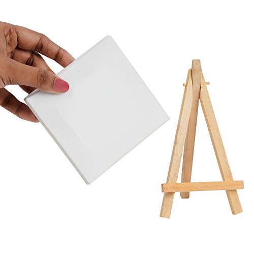 Belle Vous Mini Easel with Art Canvas (10 Pack) - L10 x W10cm (3.93 x 3.93 inches) - Pre-Stretched and Primed Blank Canvas - Table Top Wooden Easel for Oil and Acrylic Painting & Drawing for Kids