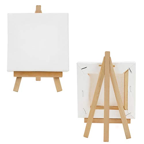 Belle Vous Mini Easel with Art Canvas (10 Pack) - L10 x W10cm (3.93 x 3.93 inches) - Pre-Stretched and Primed Blank Canvas - Table Top Wooden Easel for Oil and Acrylic Painting & Drawing for Kids
