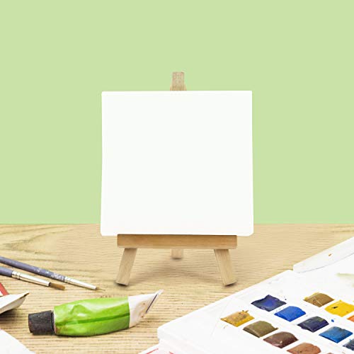 Belle Vous Mini Easel with Art Canvas (10 Pack) - L10 x W10cm (3.93 x 3.93 inches) - Pre-Stretched and Primed Blank Canvas - Table Top Wooden Easel for Oil and Acrylic Painting & Drawing for Kids