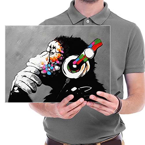 Wieco Art Monkey With Headphones Banksy DJ Chimp Pop Art Cool Ape Abstract Canvas Prints Wall Art Paintings for Living Room Bedroom Home Decorations Stretched Artwork for Office Decor
