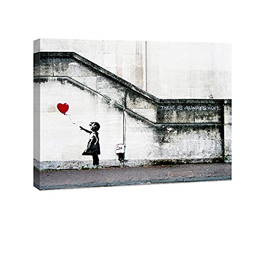 Wieco Art Canvas Prints Wall Art of Banksy Grafitti Girl with Red Balloon Grey Love Pictures Paintings for Living Room Bedroom Home Decorations Modern Stretched and Framed Giclee Artwork